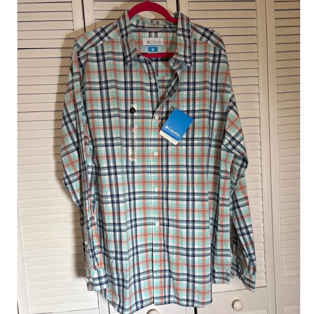Columbia Mens XL Plaid Long Sleeve Button Shirt Mint Green Orange Cotton NWT